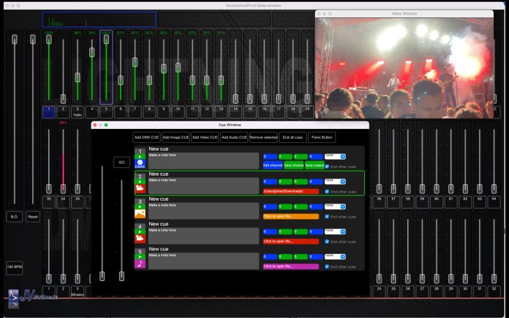 DmxControlPro 3: Slider window, Cue window and Video window